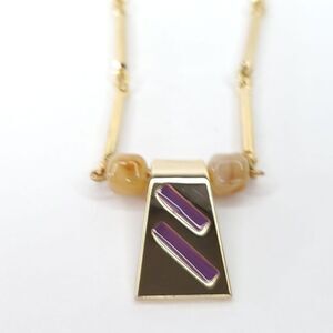 Vintage NEW 80s Retro Purple Stripe Geometric Pendant Link Necklace Gold Tone